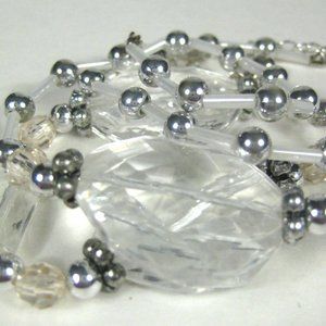 Necklace Silvertone Strand Clear Plastic Beaded 19 inch Jewelry Adjustable